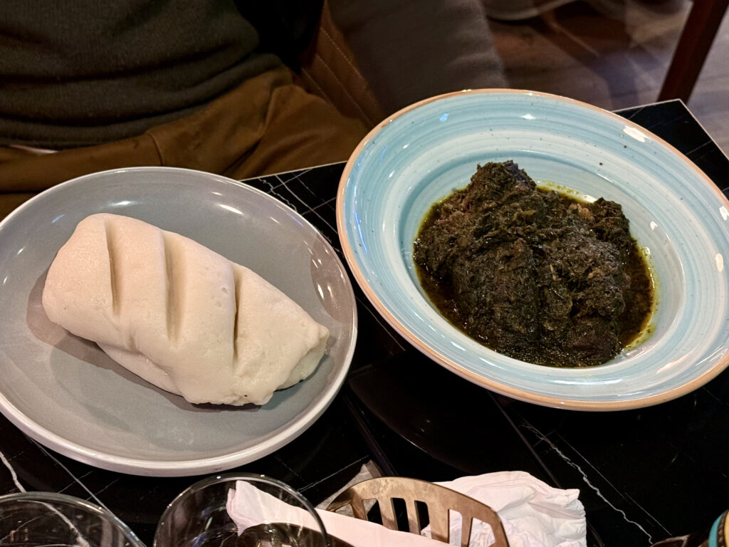 Afang soup with beef and pounded yam from Demi's