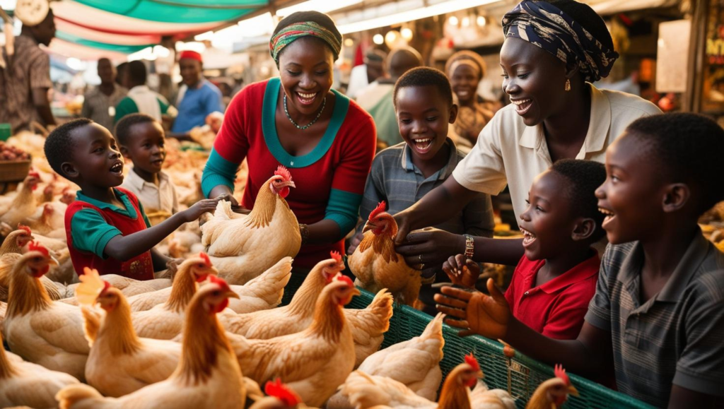 A family selects christmas chicken at the market 