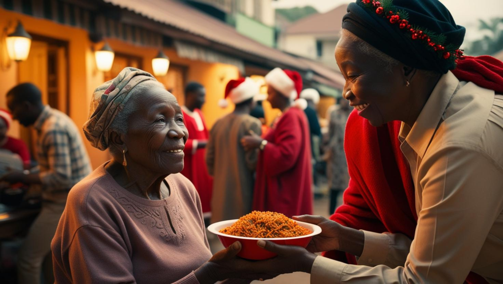 A woman sharing a plate of jollof rice to a neighbour