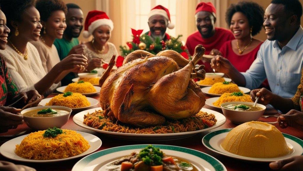 a table set with festive Nigerian meals and sumptious chicken with friends and family eating together.