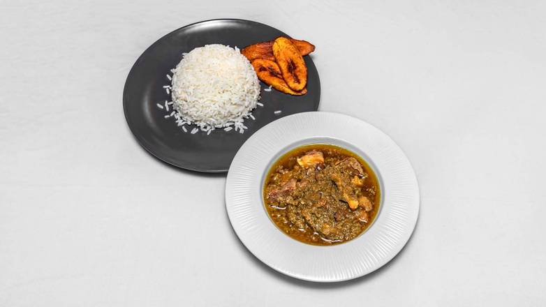 White Rice and Ayamase with plantain from Demi's Nigerian Restaurant